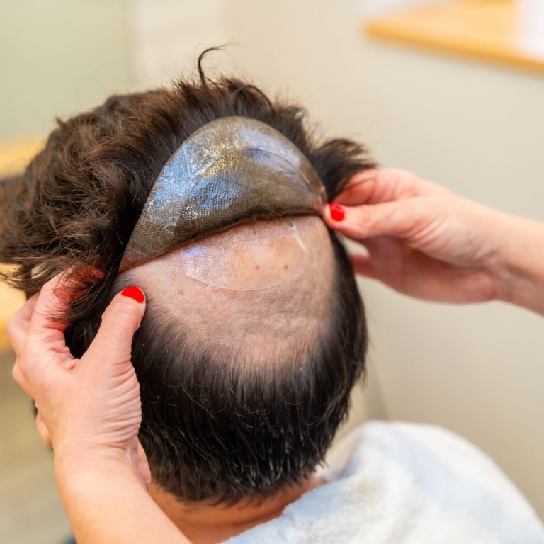 Hairdresser at a specialized capillary clinic assists a male client with alopecia by applying a hairpiece using adhesive stickers